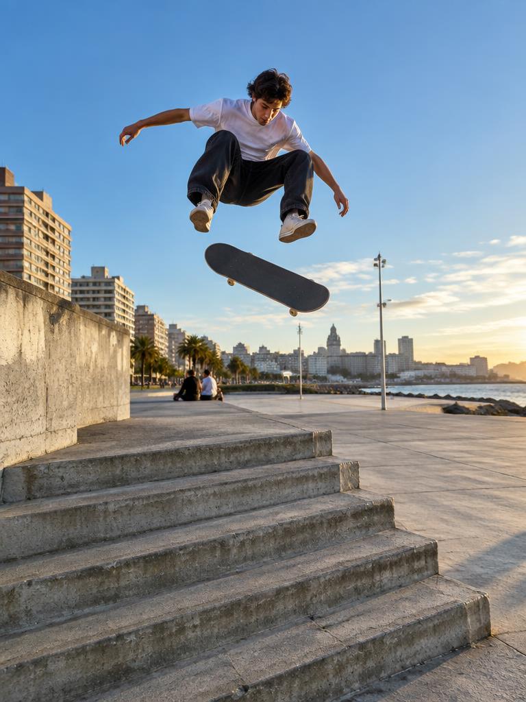 Vista ilustrativa de un Moment: skater saltando sobre unas escaleras